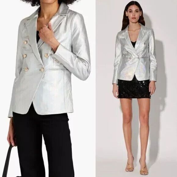 NWT Walter Baker Marley Leather Silver Metallic Double Breasted Blazer Medium - Picture 2 of 8
